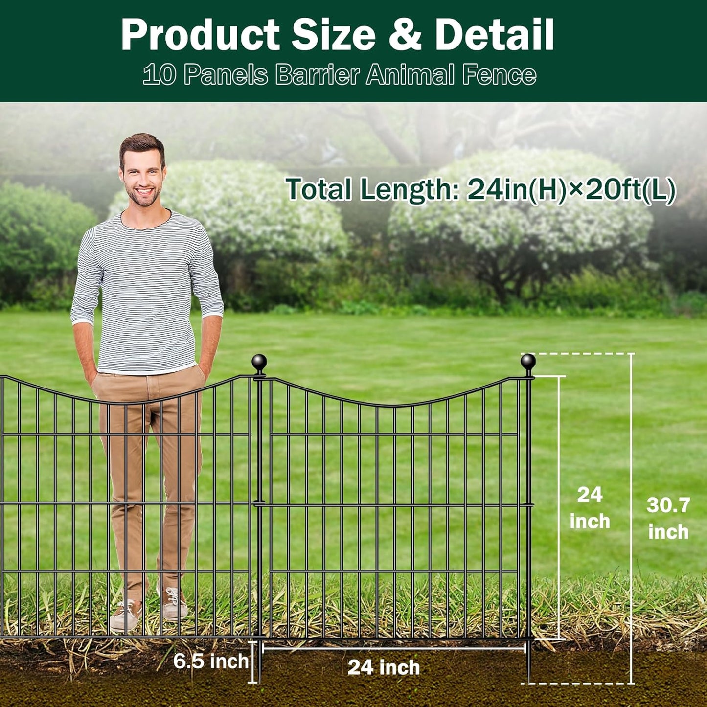 10 Panels No Dig Dog Fence Outdoor for Yard, 24 in(H) X 20 ft(L) Decorative Tall Garden Fence Animal Barrier, Rustproof Metal Wire Garden Edging and Borders, Temporary Fencing Stakes
