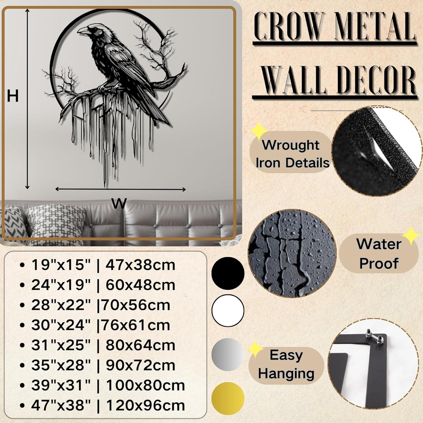 Crow Metal Wall Decor, Raven Wall Art, Large Gothic Raven Decor Hangings, Bird Wall Decor, Metal Tree Branch Decor, Ravens Sign, Raven Art for Living Room (Gold, 47"x38" | 120x96cm, metal wall art)