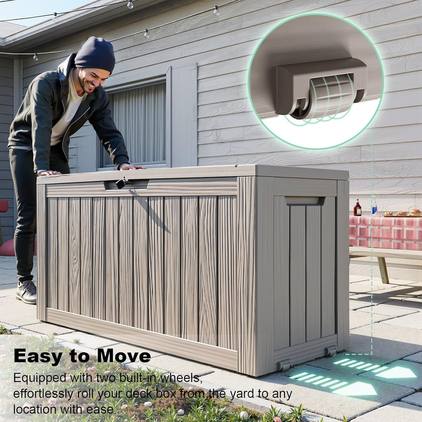 Vixzen 75 Gallon Resin Deck Box with wheels,Lockable Outdoor Storage Box for Patio Cushions Storage Furniture,Garden Tools,Weatherproof and UV Resistant- Grey