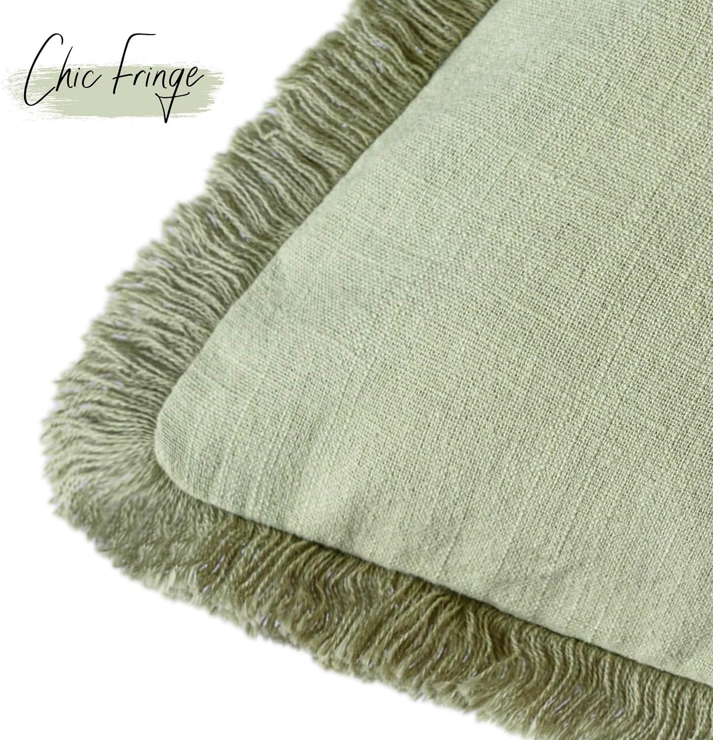 Foindtower Set of 2 Decorative Linen Fringe Throw Pillow Covers Farmhouse Cushion Cover with Tassels Lumbar Accent Pillowcase for Couch Bed Living Room Home Bedroom Decor,12×24 Inch,Light Sage Green