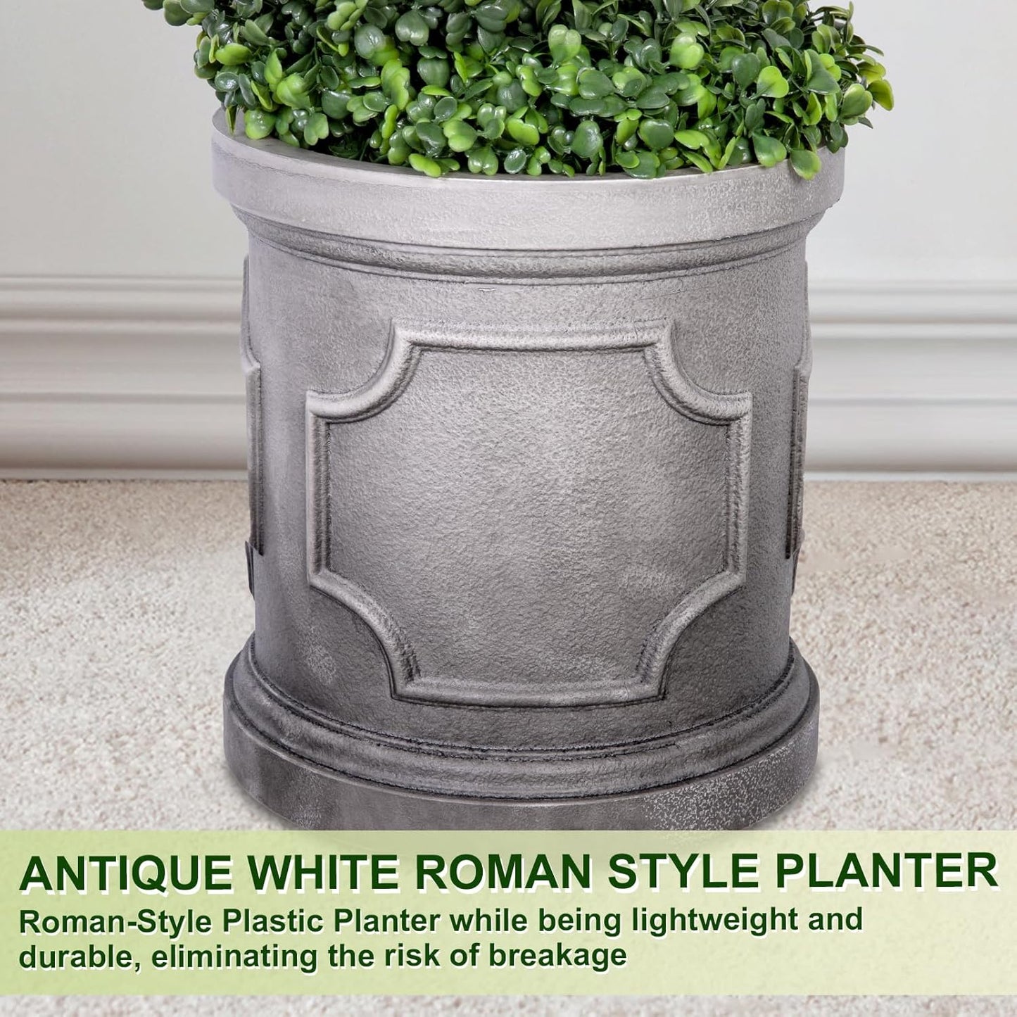 3FT Artificial Spiral Boxwood Topiary Trees with Antique-White Roman-Style Planter - Outdoor&Indoor Year-Round Garden, Porch, Entryway Decor (2 Pack)
