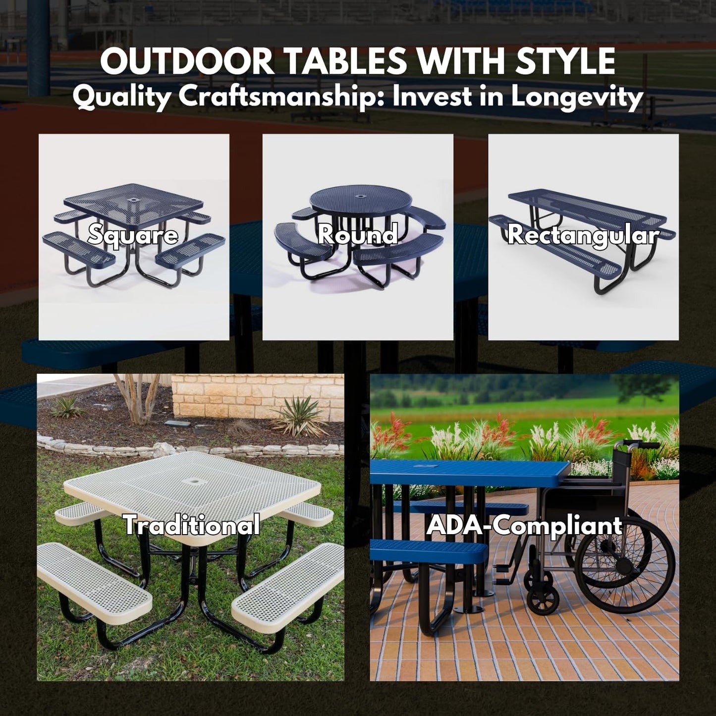 Heavy-Duty Portable Outdoor Picnic Table with Umbrella Hole, Punched Steel Commercial-Grade Patio Dining Furniture Made in America (46" Round Top, Textured Copper)