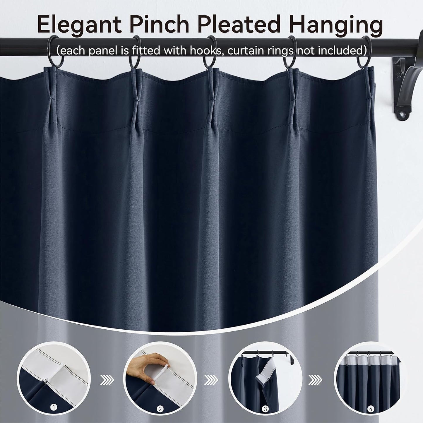 KangBang 102 Inch Blue Curtains Blackout Drapes for Living Room, Pinch Pleated Energy Saving Sound Reducing Polyester Memory Shape Window Panels with Hooks(Navy Blue,40Wx102L,2 Panels)