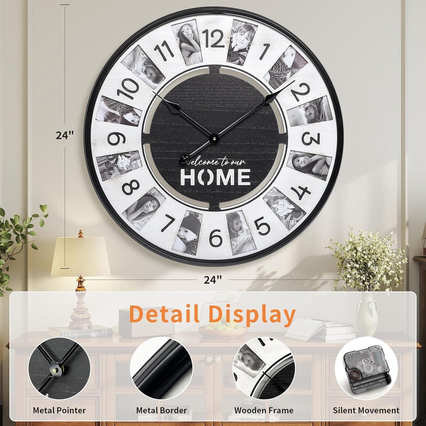 12 Photo Collage Rustic Farmhouse Wood Wall Clock,Large Wall Clock for Living Room Decor, Modern Big Wall Watch Battery Operated Decorative Clock with Personalized Frames for Bedroom,Wall Black