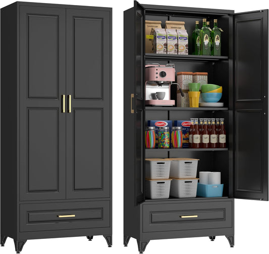 75" Kitchen Pantry Cabinet with Drawer, Metal Storage Cabinets with Doors and Adjustable Shelves, Black Tall Pantry Cabinet for Dinning Living Room, Home Office