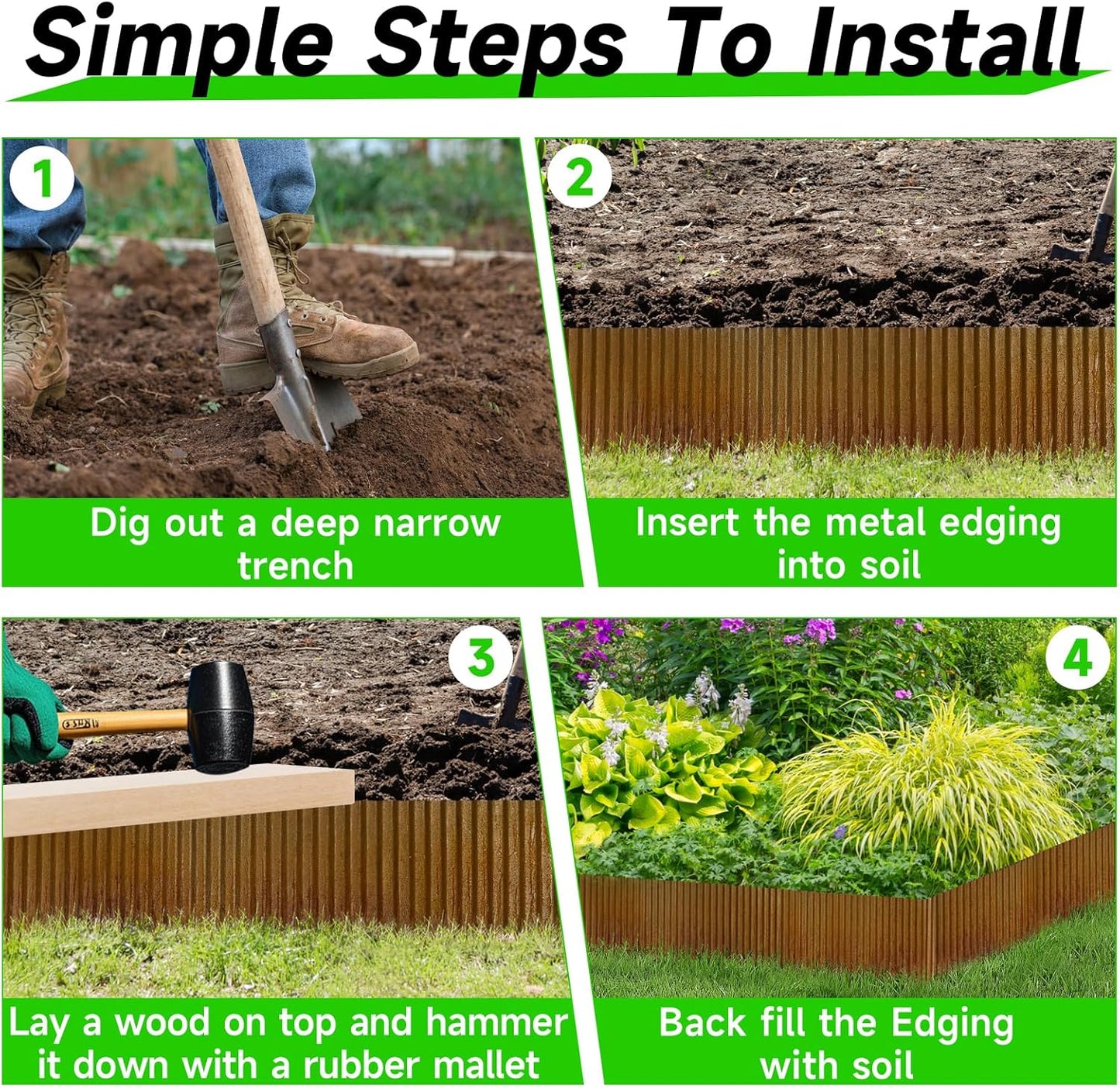 Corrugated Garden Edging, 12"×20Ft Pre-Rusted Landscape Edging & Lawn Edging Border, Metal Garden Border for Flower Beds, Garden，Lawn，Raised Beds & Tree Surrounds