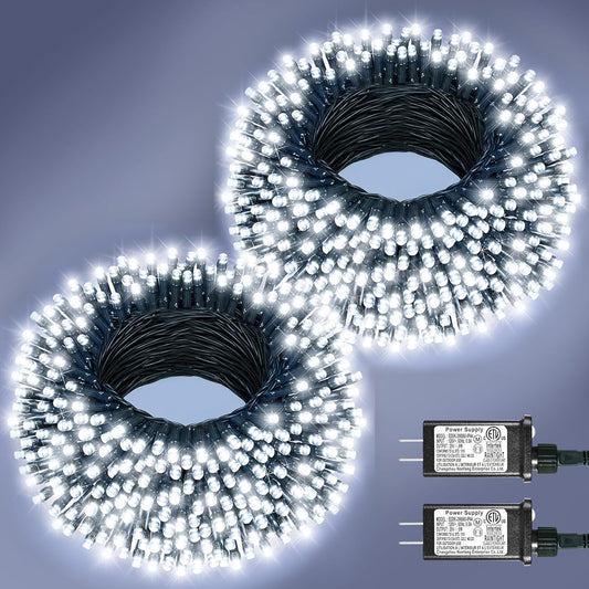 2 Pack Christmas Lights Outdoor, Total 200FT 600LED Christmas Tree Lights with 8 Modes Waterproof, Green Wire String Twinkle Lights for Indoor House Patio Yard Party Xmas Decorations, White