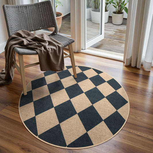 Lahome Checkered Round Rug 3ft, Circle Indoor Outdoor Entryway Patio Rug Washable Easy Jute Rug, Farmhouse Non Slip Small Round Rugs for Bedroom Porch Living Room Decor