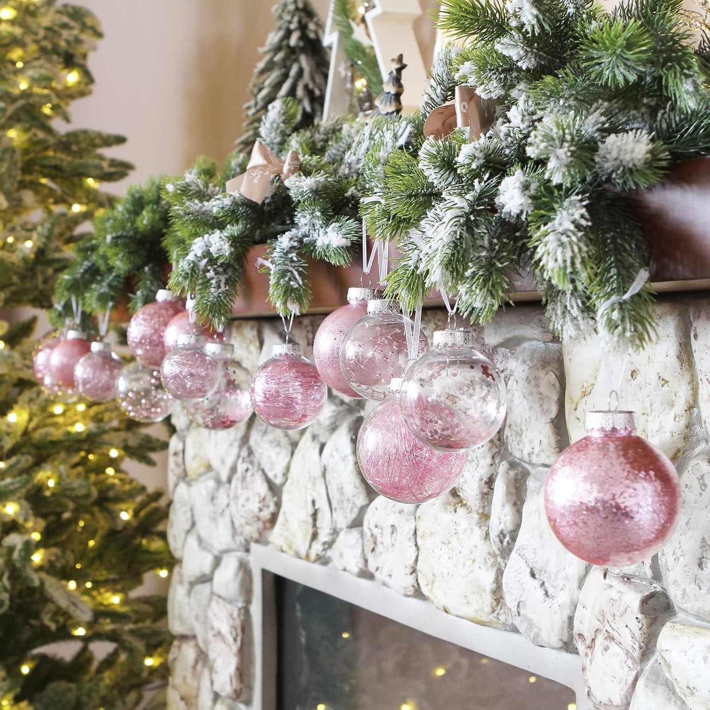 Sea Team Shatterproof Clear Plastic Christmas Ball Ornaments Decorative Xmas Balls Baubles Set with Stuffed Delicate Decorations (80mm/3.15 inch 20-Pack, Pink)