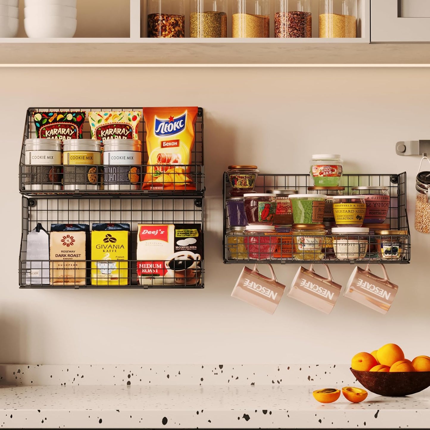 X-cosrack 3-Tier Stackable Detachable Snack Organizer (Large Size), Countertop Display/Wall Mounted Shelf with 5 Hooks Wire Basket Snack Shelf for Office Cabinets, Kitchen, Pantry, 11.8x7.8x22 Inch