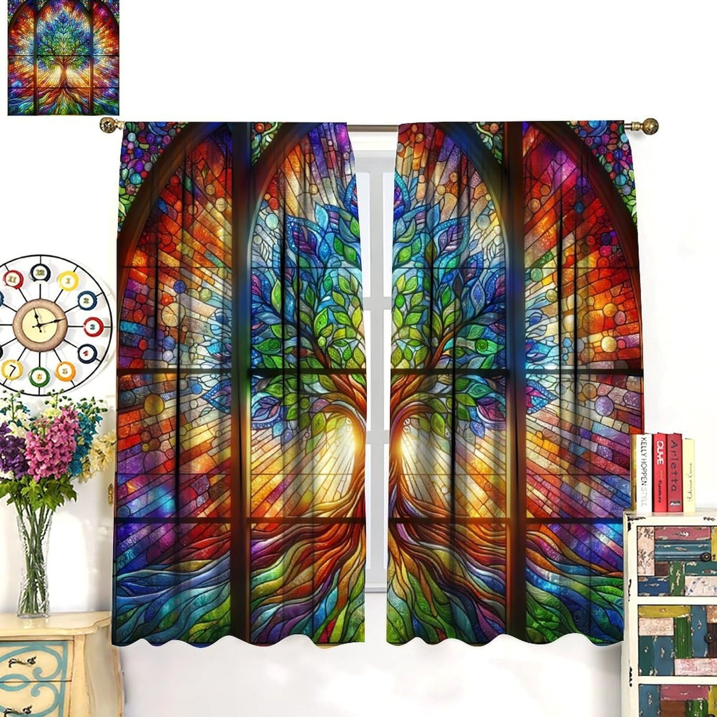 Stained Glass Curtains,Tree of Life Colorful Abstract Art Home Decor Drapes for Bedroom Living Room Kitchen Window Treatment 2 Panels Set Total Size 63" W X 63" L Inch