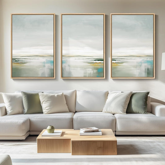 Large Framed Green Abstract Landscape Wall Art for Living Room, 3 Piece Canvas Prints Paintings Artwork for Walls, Modern Minimalist Pictures for Dining Room, Hallway, Office Wall Decor 24x36 In