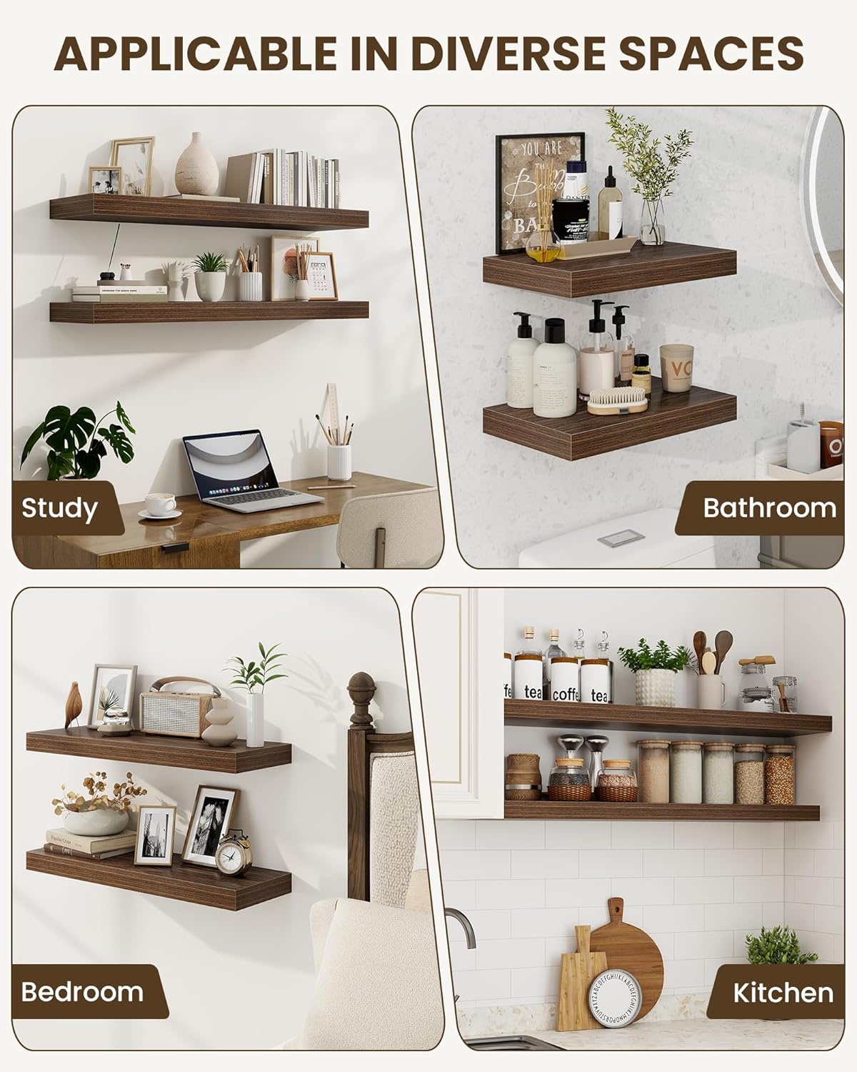 Marsmiles 48" Floating Shelves for Wall, Wooden Shelves with Invisible Brackets Set of 2, Rustic Farmhouse Wall Mounted Shelf for Kitchen Bathroom Living Room Study, Walnut