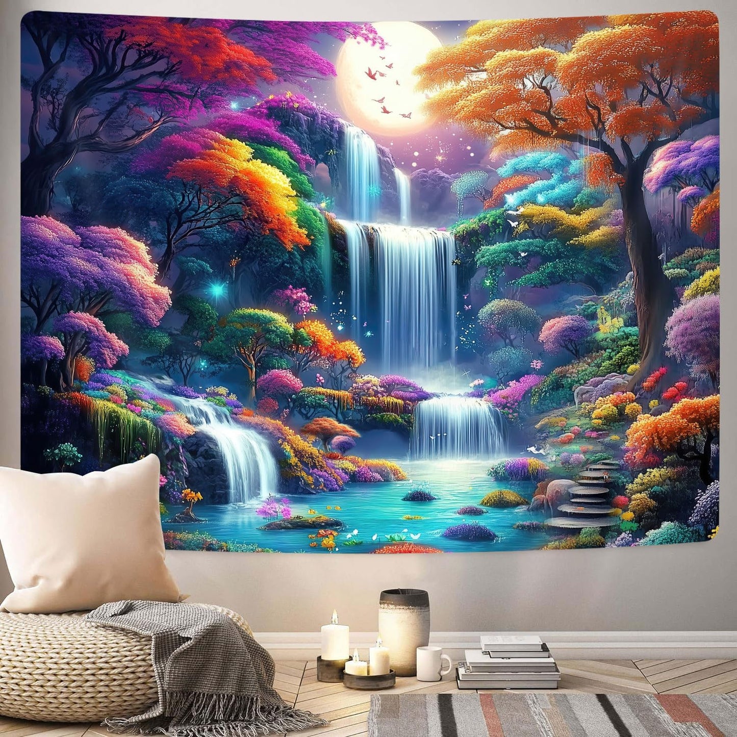 GOAOK Fantasy Enchanted Forest Tapestry, Fairytale Wonderland Colorful Tree Waterfall Art Moon Magical Aesthetic Landscape Tapestry Wall Hanging for Bedroom College Dorm Room?60"X40"Inch