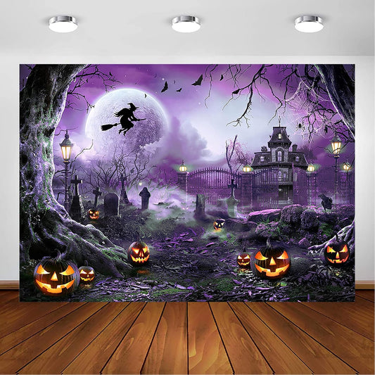 Avezano Halloween Photography Backdrop Full Moon Scary Night Castle Pumpkins Party Background Spooky Witch Bats Cemetery Child Kids Halloween Party Decorations Photoshoot Backdrops (8x6ft, Purple)