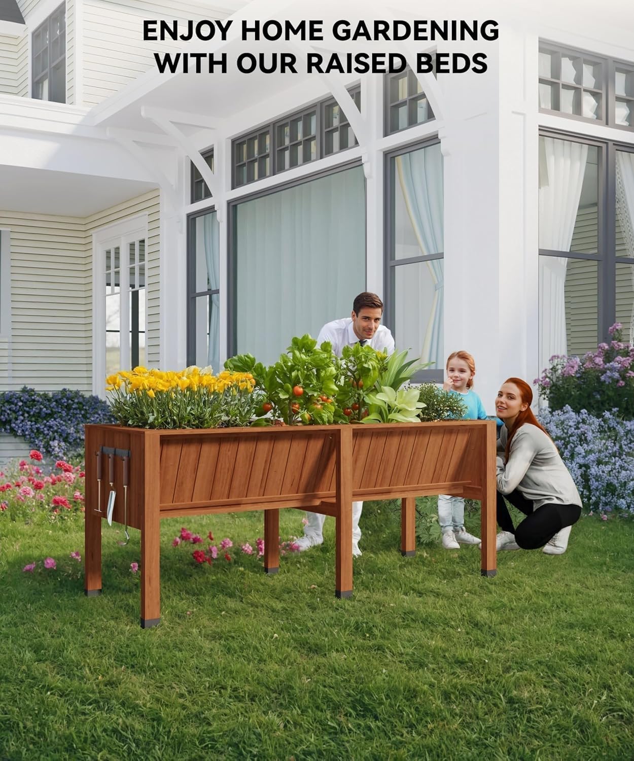 72x26x31 Inch Raised Garden Bed with Legs, 13.7In Depth Wooden Planter Box for Outdoor Growing Vegetables and Herbs, Elevated Garden Bed with Hooks for Backyard, Patio, Balcony