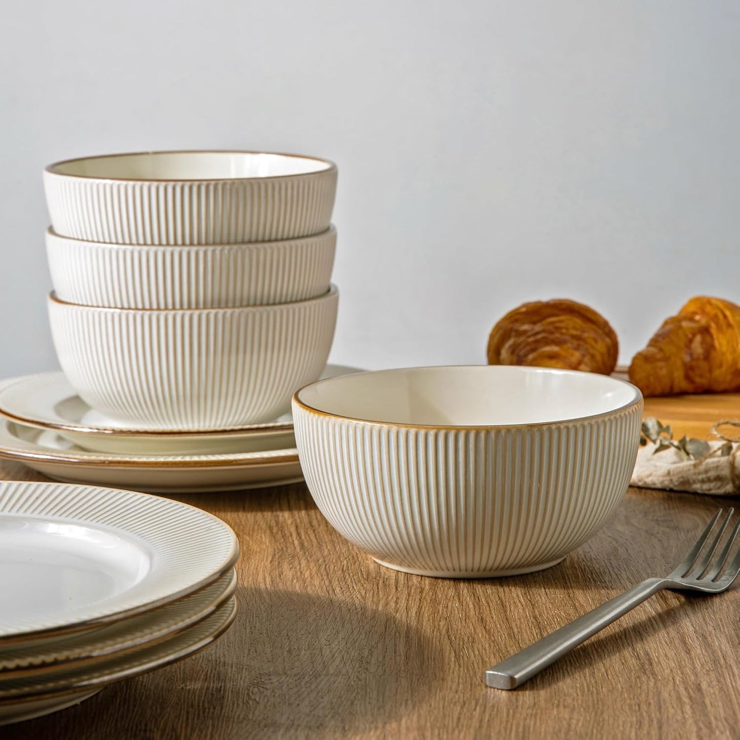 GBHOME Ceramic Dinnerware Sets,18 pcs Embossed Elegant Stoneware Plates and Bowls Sets, Housewarming Wedding Gift | Dishwasher & Microwave Safe | Dishes Set Service for 6