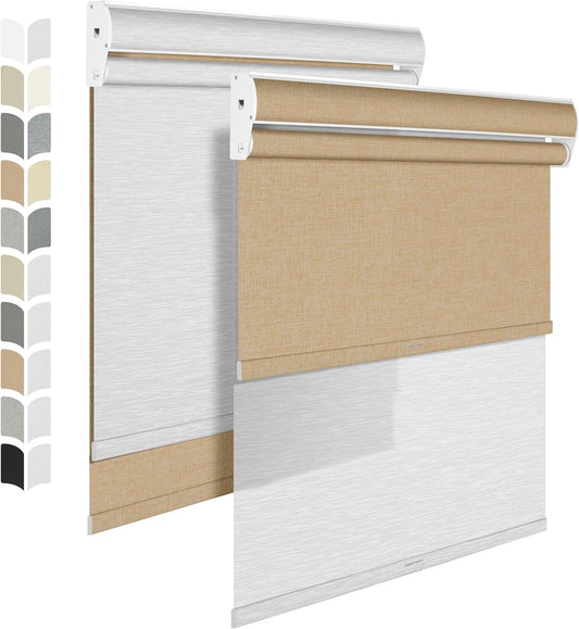 BERISSA Cordless Dual Roller Shades with Cassette Valance, Double Window Shades Blackout and Light Filtering, Day and Night for Home Office Door. Linen Beige and White. 23 W x 56" H