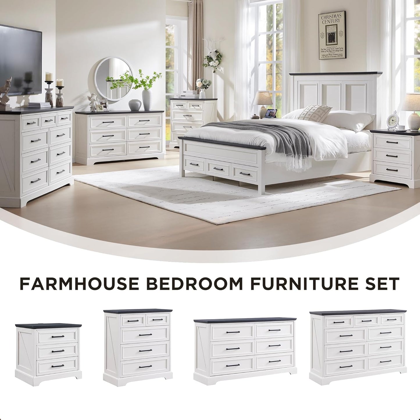 Farmhouse 9 Drawer Dresser for Bedroom, 36 Inch Tall Modern Dresser TV Stand with Large Drawers & Bar Handles, Rustic Wood Chest of Drawers for Bedroom, Living Room, Hallway, Off White