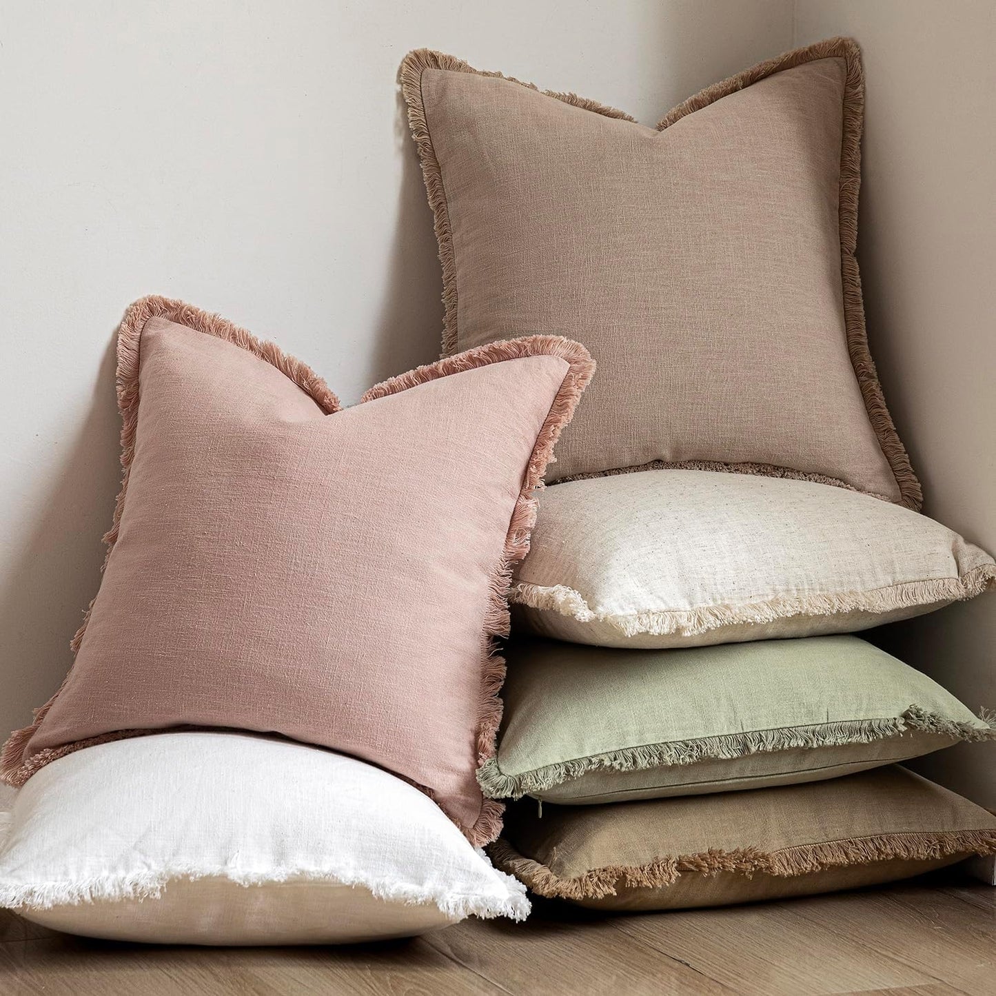 Foindtower Set of 2 Decorative Linen Fringe Throw Pillow Covers Boho Farmhouse Cushion Cover with Tassels Soft Accent Pillowcase for Couch Sofa Bed Living Room Home Decor,16×16 Inch,Light Sage Green