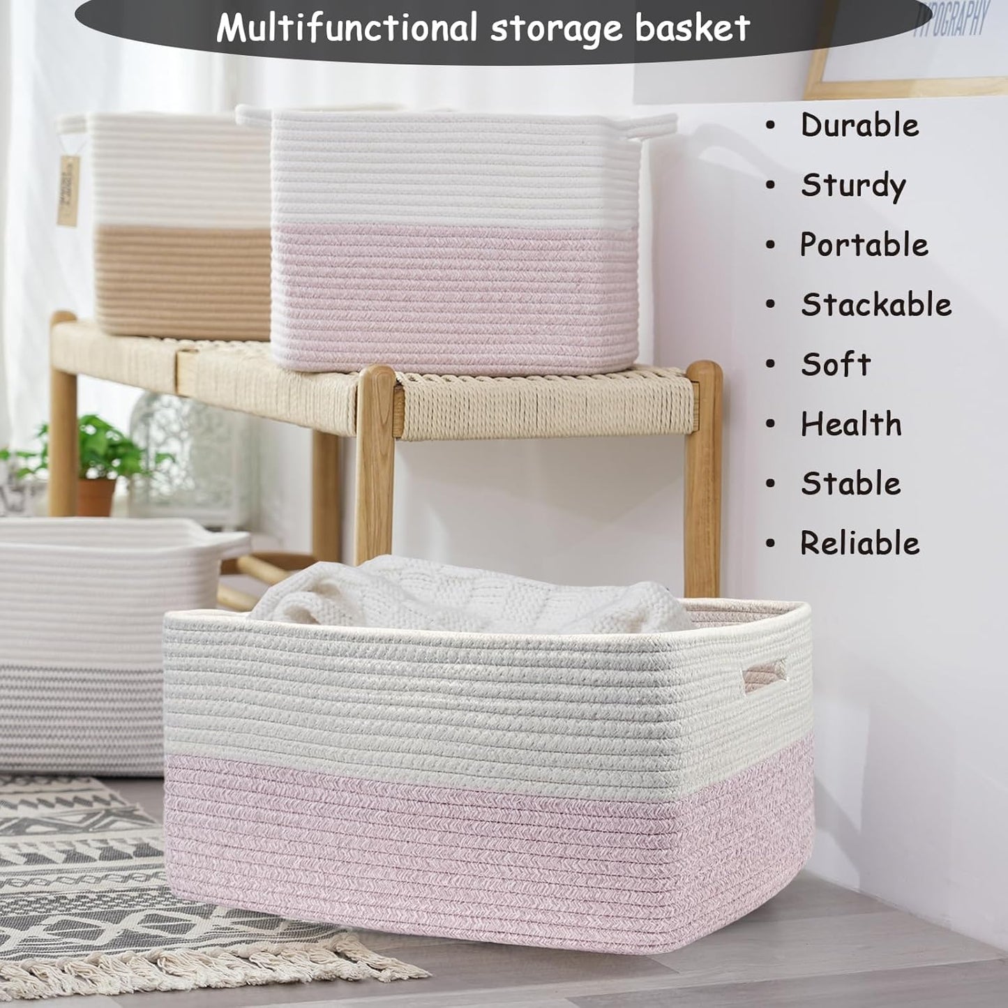 COMFY-HOMI Cotton Rope Woven Basket with Handles for Shelves,Toys,Book, Cloth Storage Baskets for Organizing-17" x 13" x 7.5" Toy Decorative Organizer for Living Room, Bathroom （white/pink）