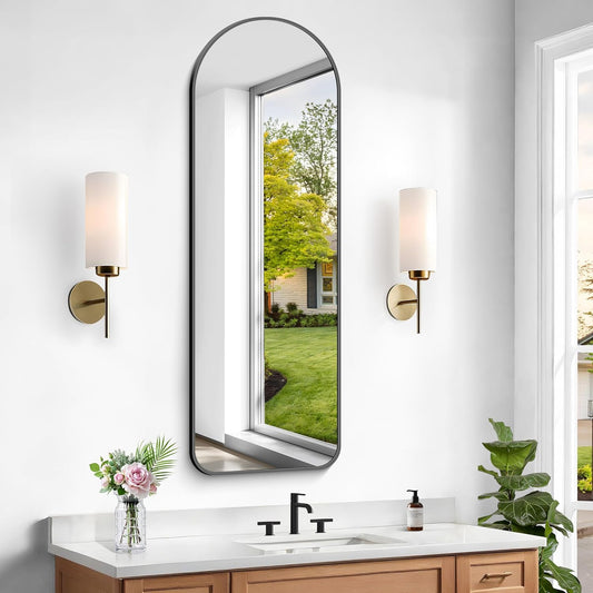 Arched Bathroom Mirror, 16"x48" Black Arched Mirror for Bathroom, Wall Mounted Mirror, Vanity Wall Mirror w/Metal Frame for Bedroom, Entryway, Living Room, Vertically Hanging