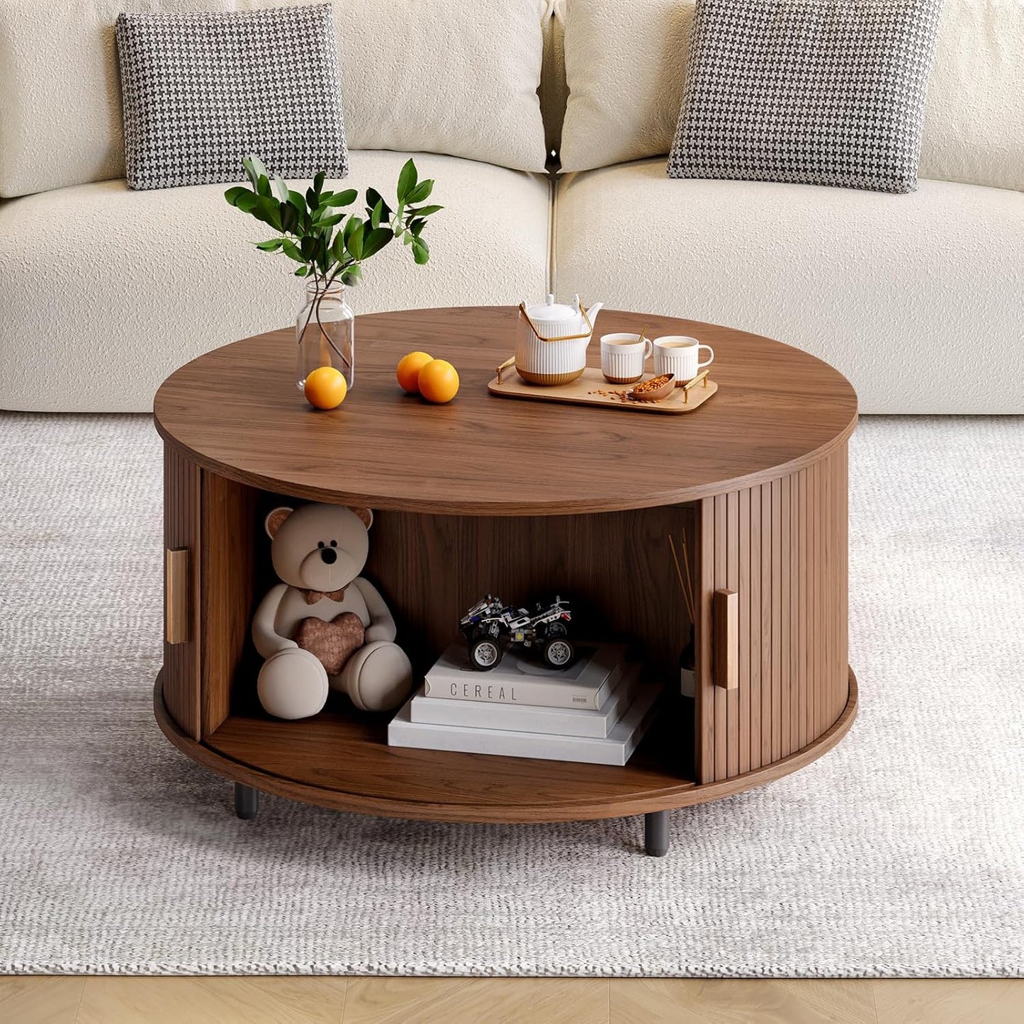 Round Coffee Table with Storage, 31.5" Modern Coffee Table with 360° Curved Sliding Door, Fluted Wood Accent Coffee Table with Adjustable Footpads, Round Center Table for Living Room, Walnut