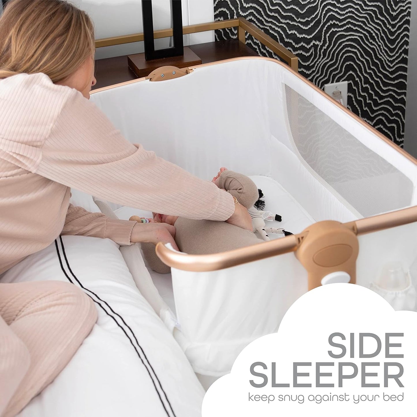 KoolerThings Baby Bassinet, Bedside Sleeper for Baby, Easy Folding Portable Crib with Storage Basket for Newborn, Bedside Bassinet, Comfy Mattress/Travel Bag Included (Bassinet) (White & Gold)