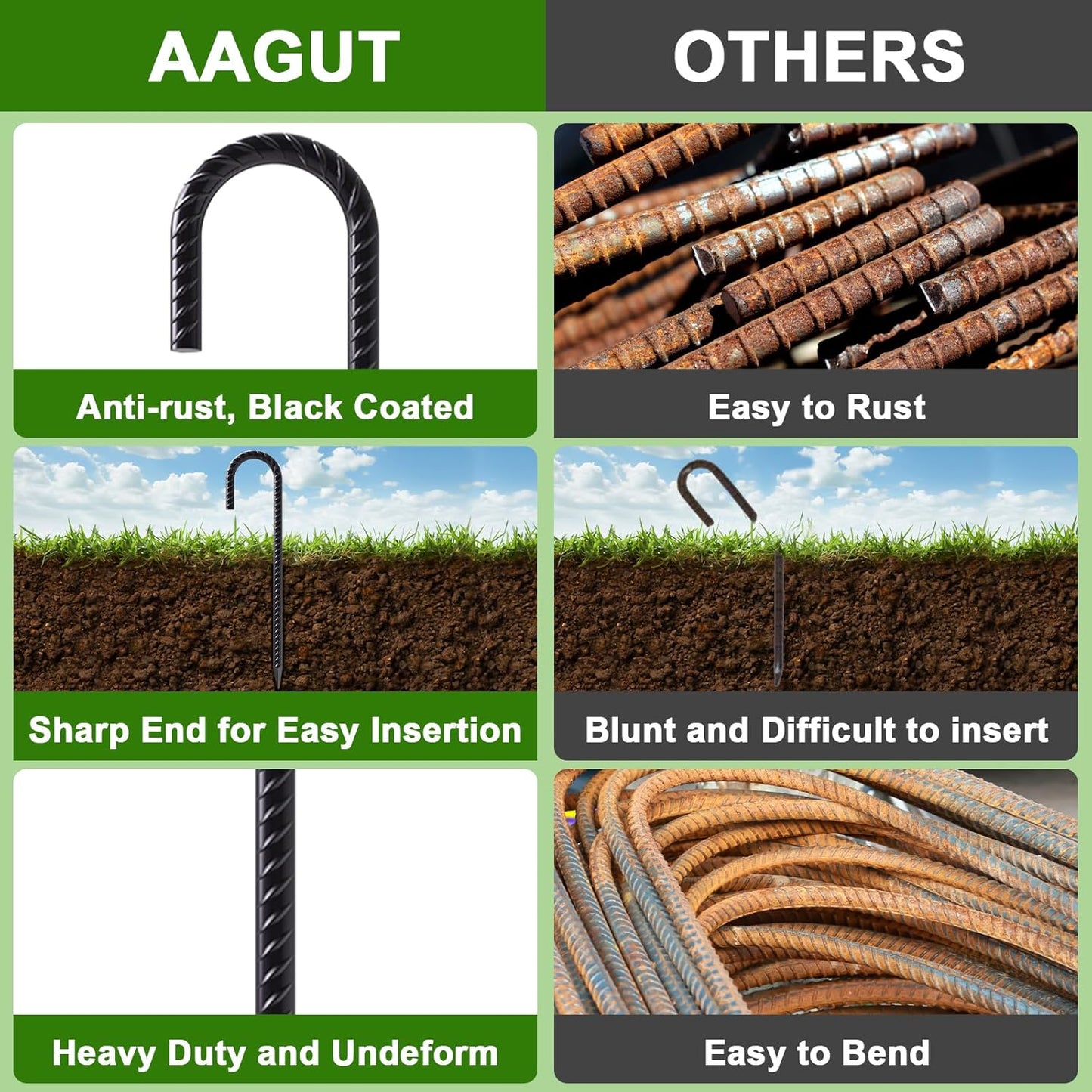 AAGUT Rebar Stakes 16 Inch 16 Pack 1/2" Heavy Duty J Hook Ground Spikes, Tent Stakes Chain Link Fence Metal Steel Anchors for Outdoor Decorations, Inflatables, Trampoline, Canopy, Swing Set