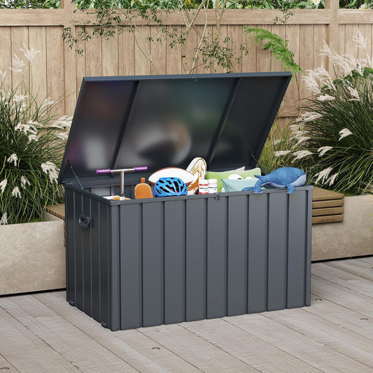 Domi Deck Box Outdoor 150 Gallon, Waterproof Lockable Steel Outdoor Storage Container for Outside Cushions, Garden Tools and Pools Equipment, Gray