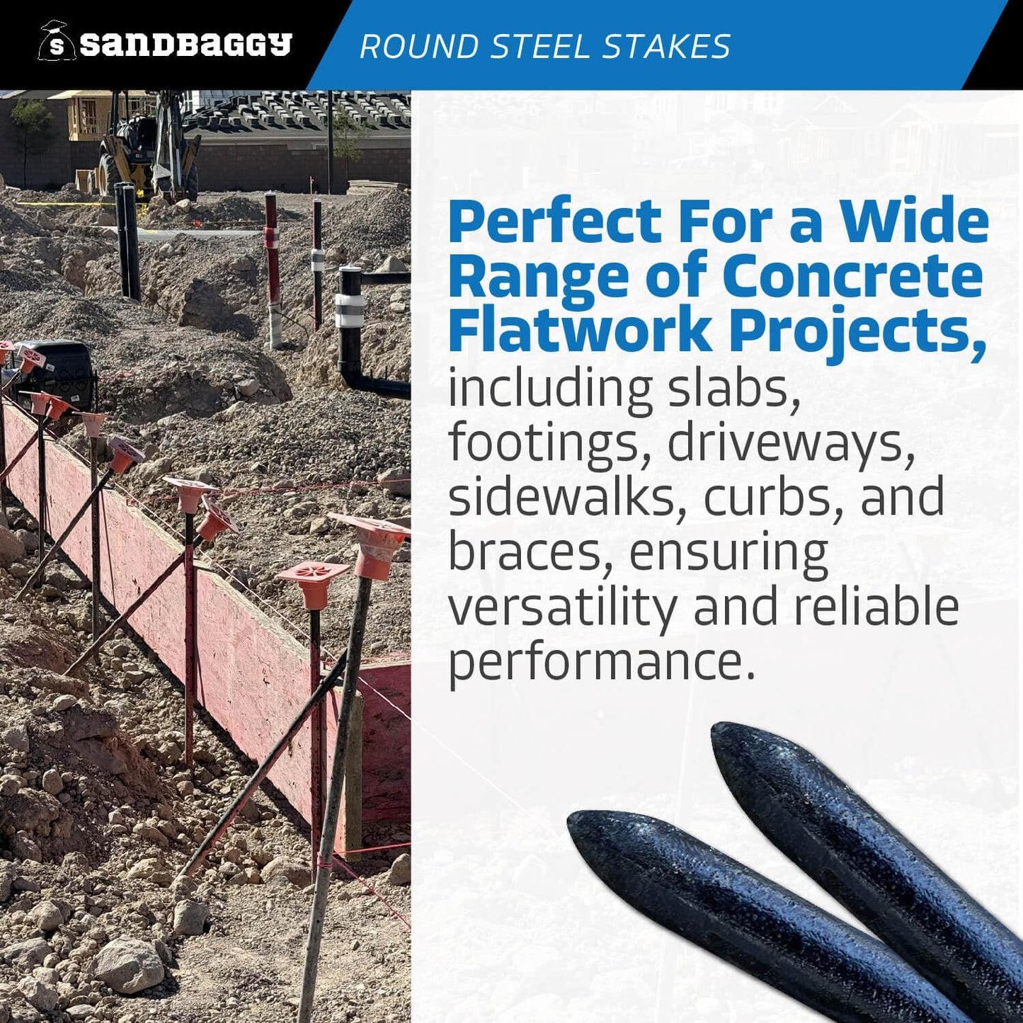 Sandbaggy Round Steel Concrete Form Stakes with Nail Holes - Rust Resistant Coating - Removable, Reusable (100, 3/4 in X 36 in)