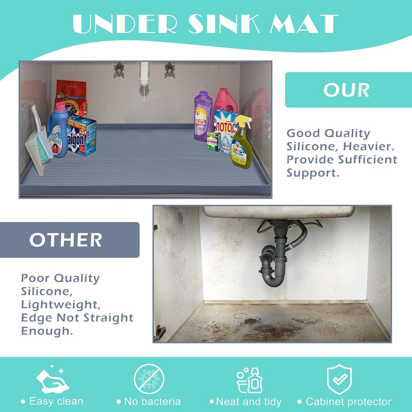 URMONA Waterproof Silicone Under Sink Mat 25'' x 19'' Shelf Liner for Kitchen and Bathroom, Cabinet and Counter Protector, Storage and Organizers, Litter Mat, Pet Cat Puppy Essentials(Black)