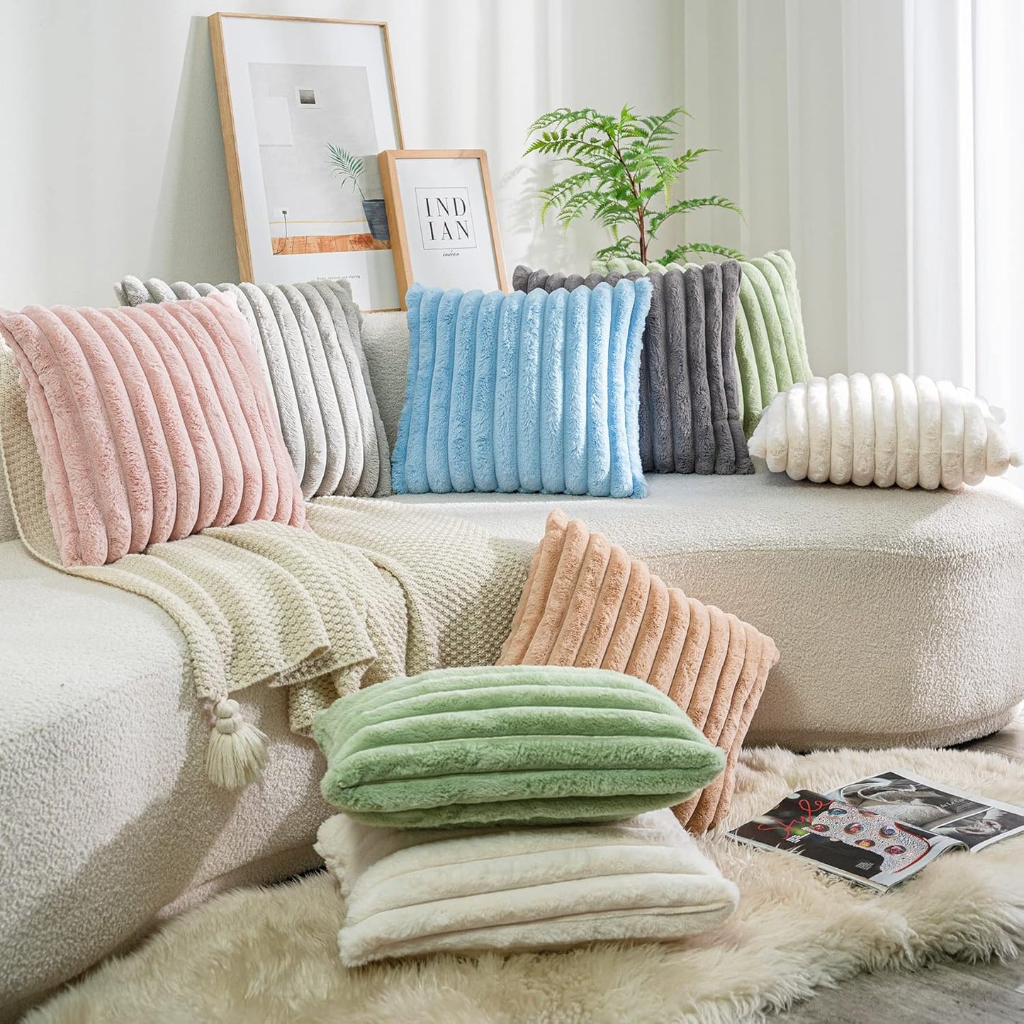 DEELAND Pack of 2 Faux Fur Plush Decorative Throw Pillow Covers Fuzzy Striped Soft Pillowcase Cushion Covers for Sofa Couch Bedroom 16x16 inch