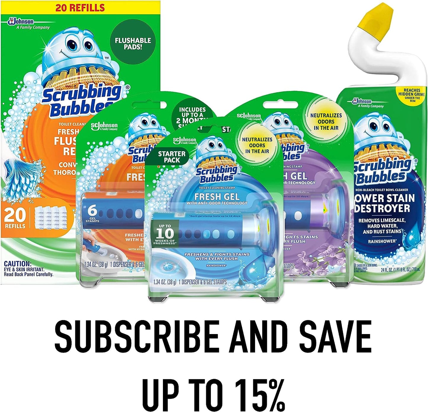 Scrubbing Bubbles Fresh Gel Toilet Bowl Cleaning Stamps, Helps Keep Toilet Clean and Helps Prevent Limescale & Rings, Rainshower Scent, 1 Dispenser with 24 Fresh Gel Stamps