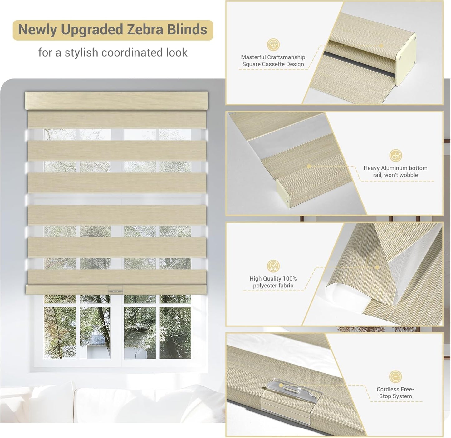 Cordless Zebra Blinds for Windows, Blackout Interior Blinds,Easy to Install,UV Protection,for Offices and Home,Custom Roller Shades, Mousse Beige,52" W x 80" H