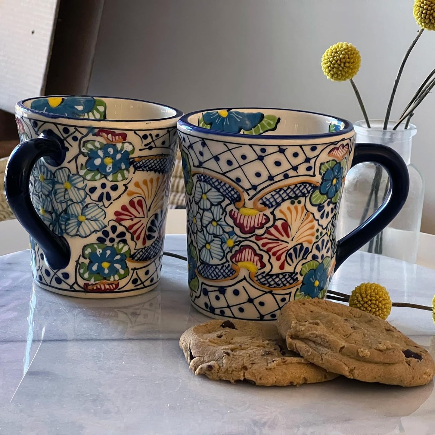 Encantada Handmade Hand-Painted Authentic Mexican Pottery Mugs (Multi Blue Green)