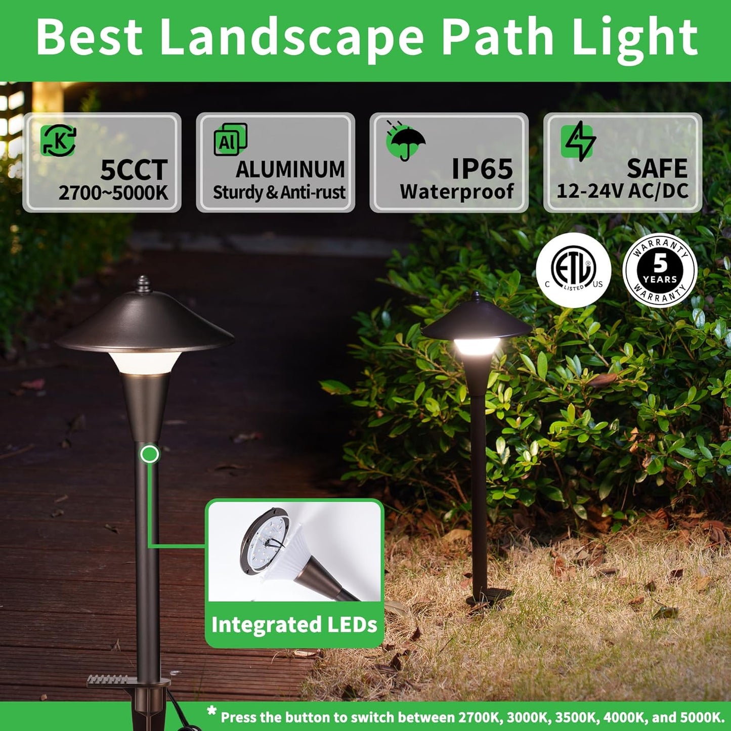 Outdoor Low Voltage Pathway Light - 5CCT Adjustable Walkway Lights LED, 12V Landscaping Pathlights, Mushroom Shape Driveway Lighting Waterproof IP65 ORB Aluminum for Sidewalk Lawn (10 Pack)