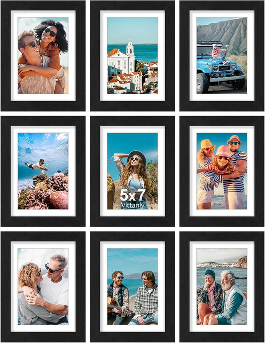Vittanly 5x7 Picture Frames Set of 9, Shatter Resistant Plexiglass, Display 4x6 Pictures with Mat or 5x7 without Mat, Photo Frames for Wall or Tabletop, Engineered Wood, Black