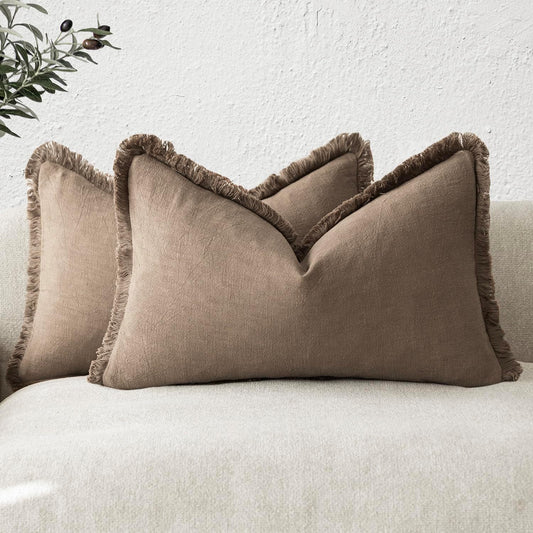 Foindtower Set of 2 Decorative Linen Fringe Lumbar Throw Pillow Covers Boho Farmhouse Cushion Cover with Tassels Soft Accent Pillowcase for Couch Sofa Bed Living Room Home Decor,12×20 Inch,Light Brown