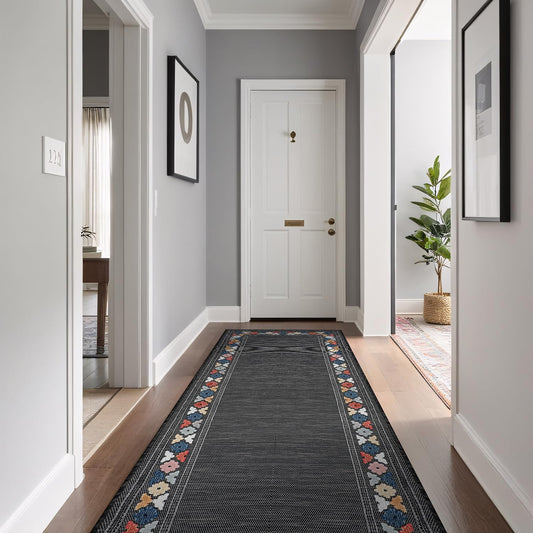 Beverly Rug Outdoor Runner Rug 2x7 Modern Floral Bordered Area Rugs for Indoor and Outdoor Patio Easy to Clean Non Shedding Living Room Porch Garden Washable Outside Carpet (2 x 7 Dark Gray)