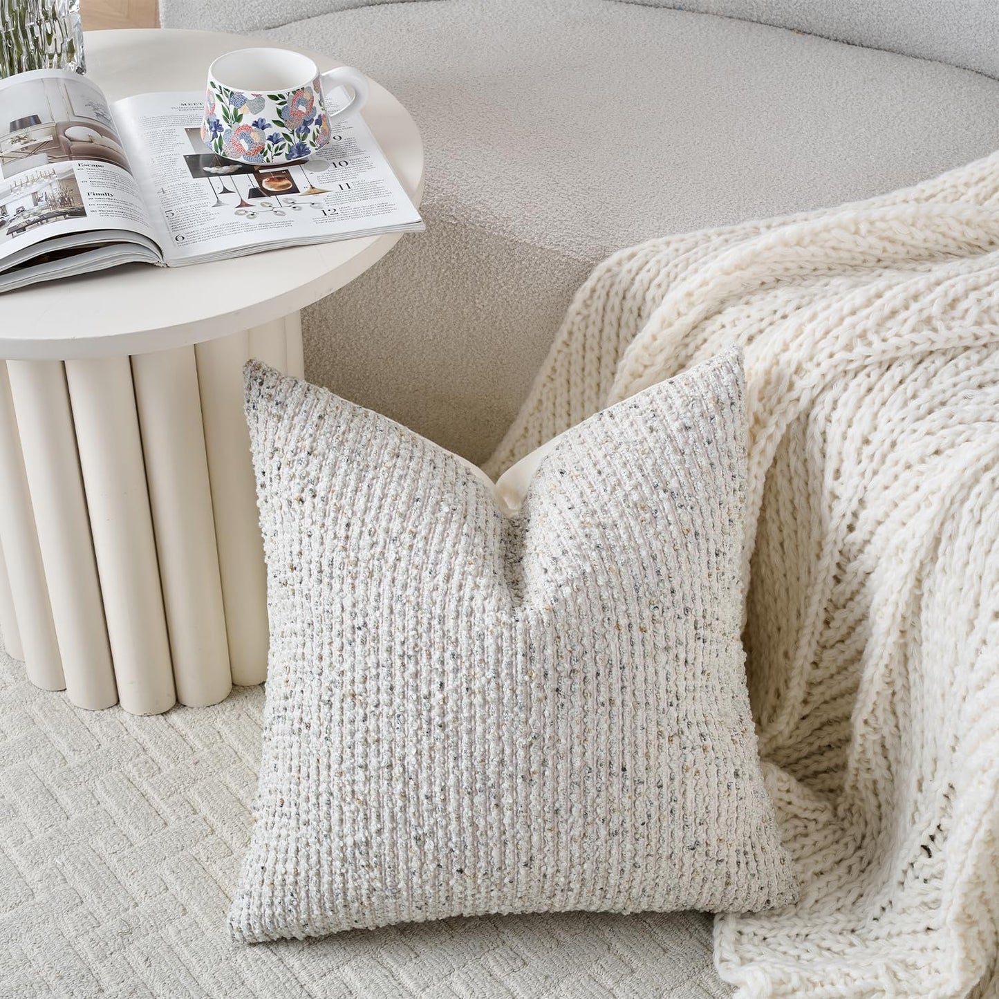 Striped Throw Pillow Covers 16x16 Set of 2 Cream Grey Textured Boucle Chic Morden Boho Accent Farmhouse Square Decorative Couch Pillow Covers for Home Decor Bed Sofa Living Room