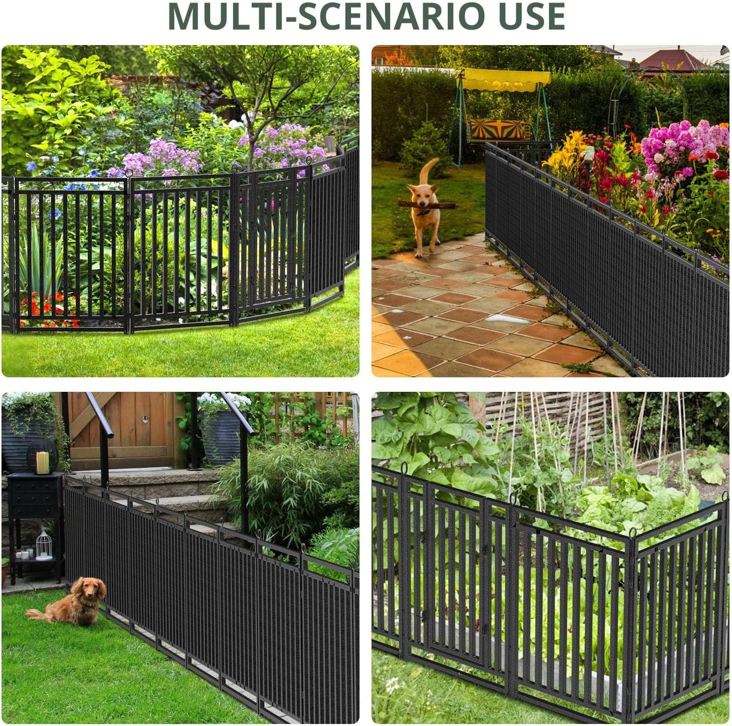 Decorative Garden Fence Metal Dog Fence Outdoor for Yard, 18ft (L) × 40in (H), 7 Panels + 1 Gate, Heavy Duty Animal Barrier Fencing for Patio & Flower Bed, No Dig, Black-Silver