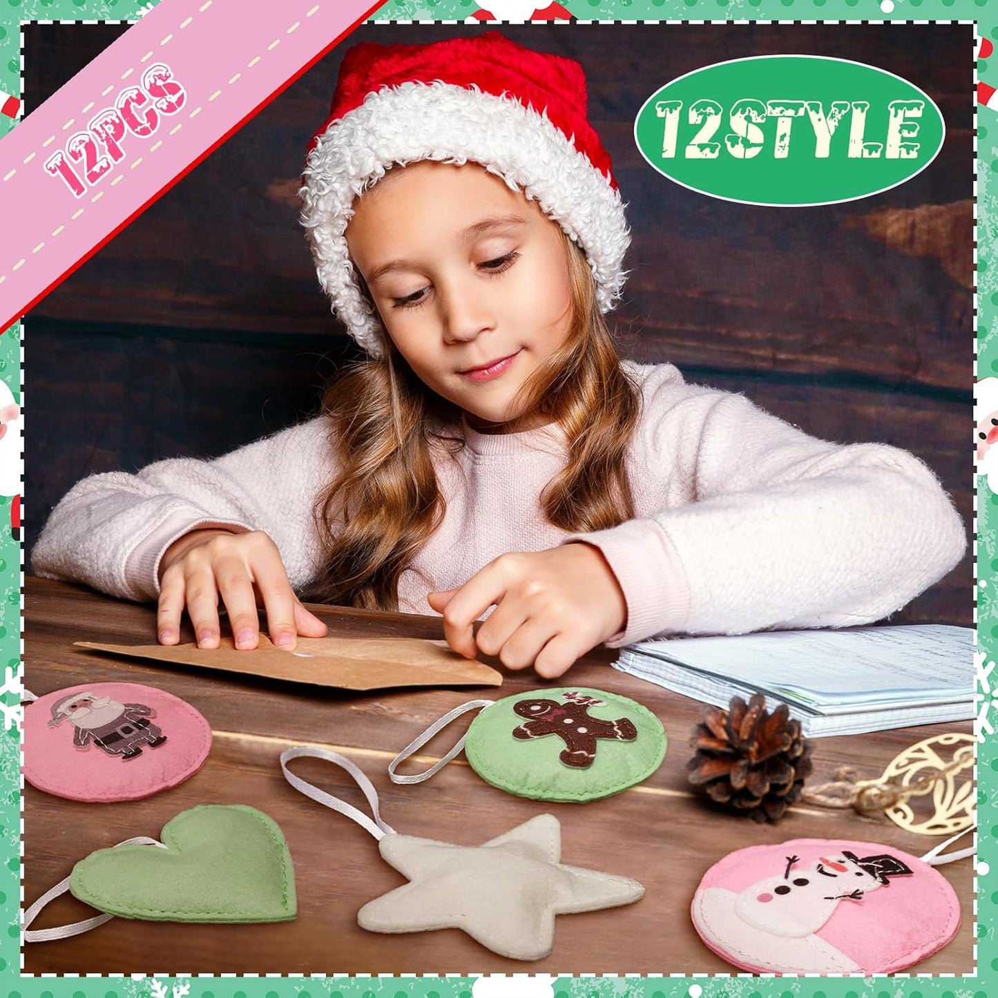 12 Pcs Christmas Felt Ornaments for Tree Santa Claus Snowman Gingerbread 3D Pink Pastel Mint Turquoise Decoration Hanging Felt Craft for Christmas Party Favors Gifts