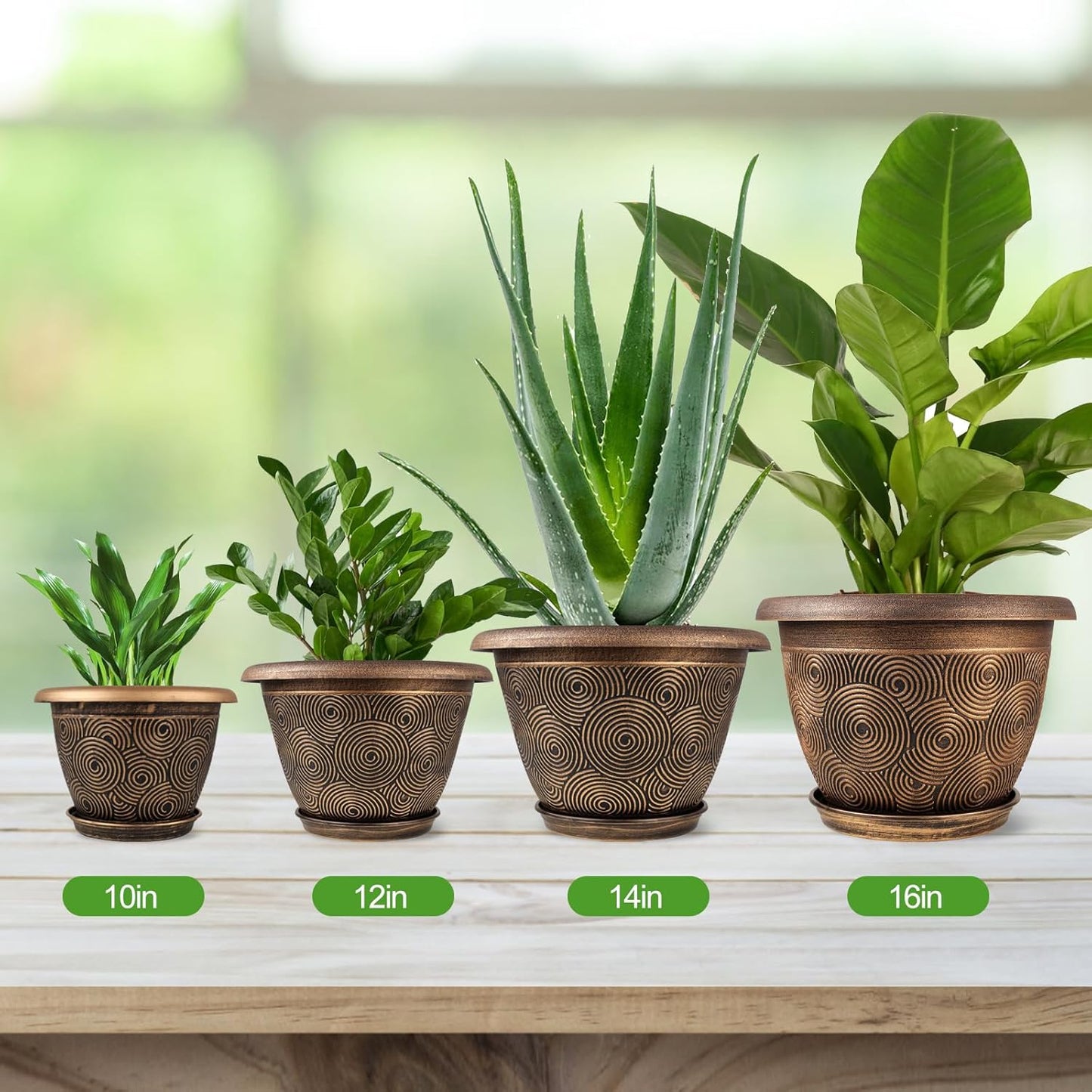 12 Inch Large Planter Pot for Plants Indoor Outdoor, 4 Pack Plastic Flower Pots with Drainage Hole & Tray, Modern Decorative Garden Pot with Saucer, Plant Container for House