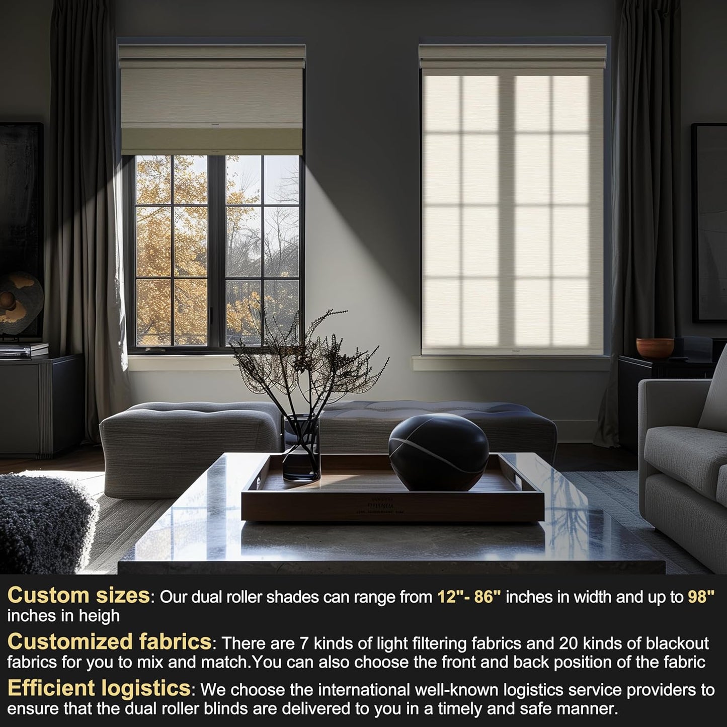 BERISSA Cordless Dual Roller Shades with Cassette Valance, Blackout and Light Filtering, Day and Night for Home Office Door. Striped Jacquard Beige. 28 W x 80" H