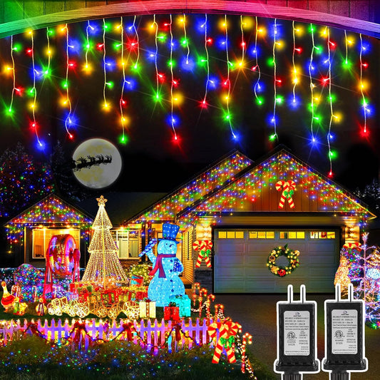 Christmas Lights Outdoor, 2 Pack Total 98FT 960 LED Ice Lights for Outside with 180 Drops 8 Modes Timer Memory, Plug in Waterproof for Holiday Eaves Yard Roof Party Christmas Decor (Multicolor)
