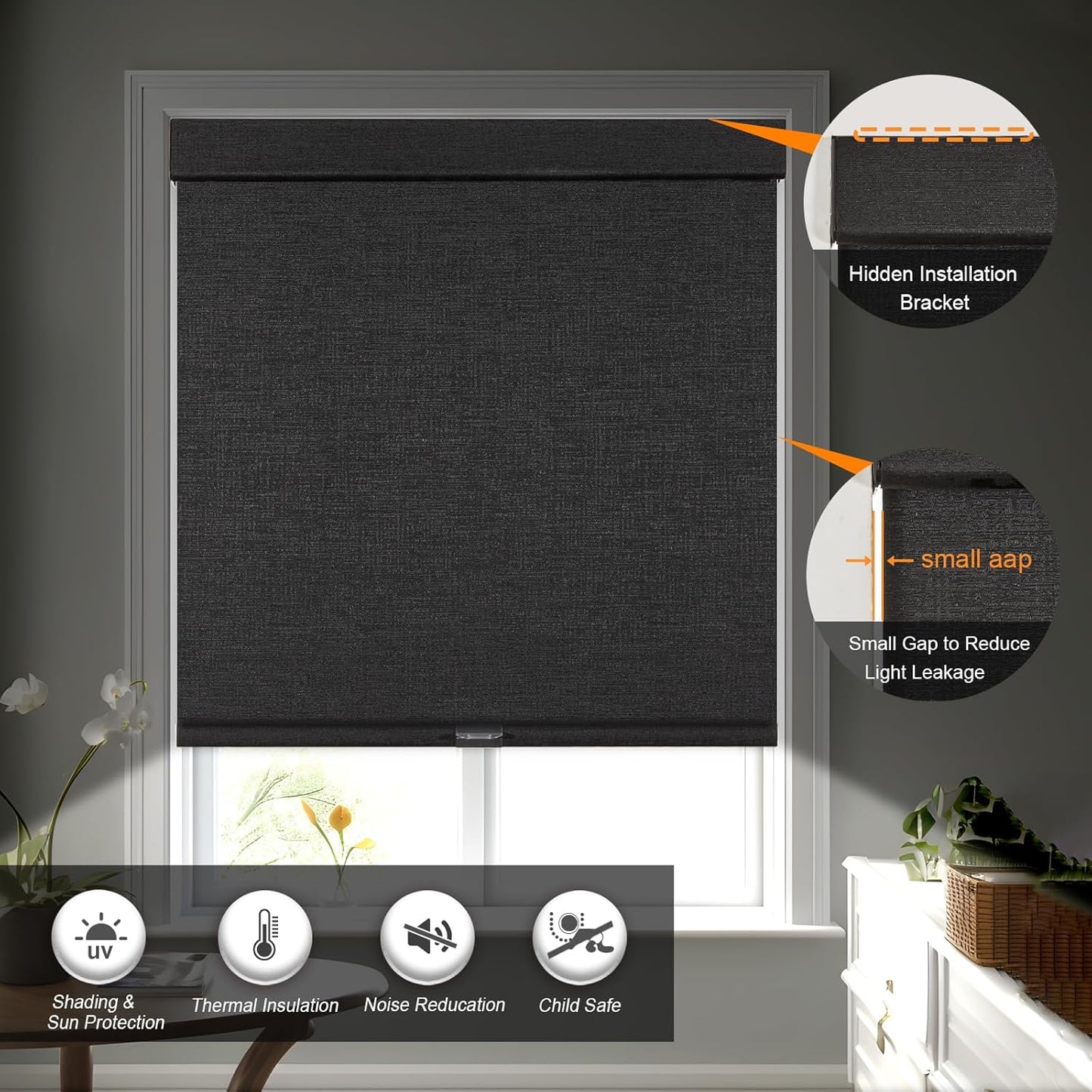 Persilux Free-Stop Cordless Blinds for Indoor Windows with Cover, Window Shades Blackout Roller Blinds, Thermal Insulated Fabric UV Protection for Kitchen, Office, Living Room, Black(39.5" W x 84" H)