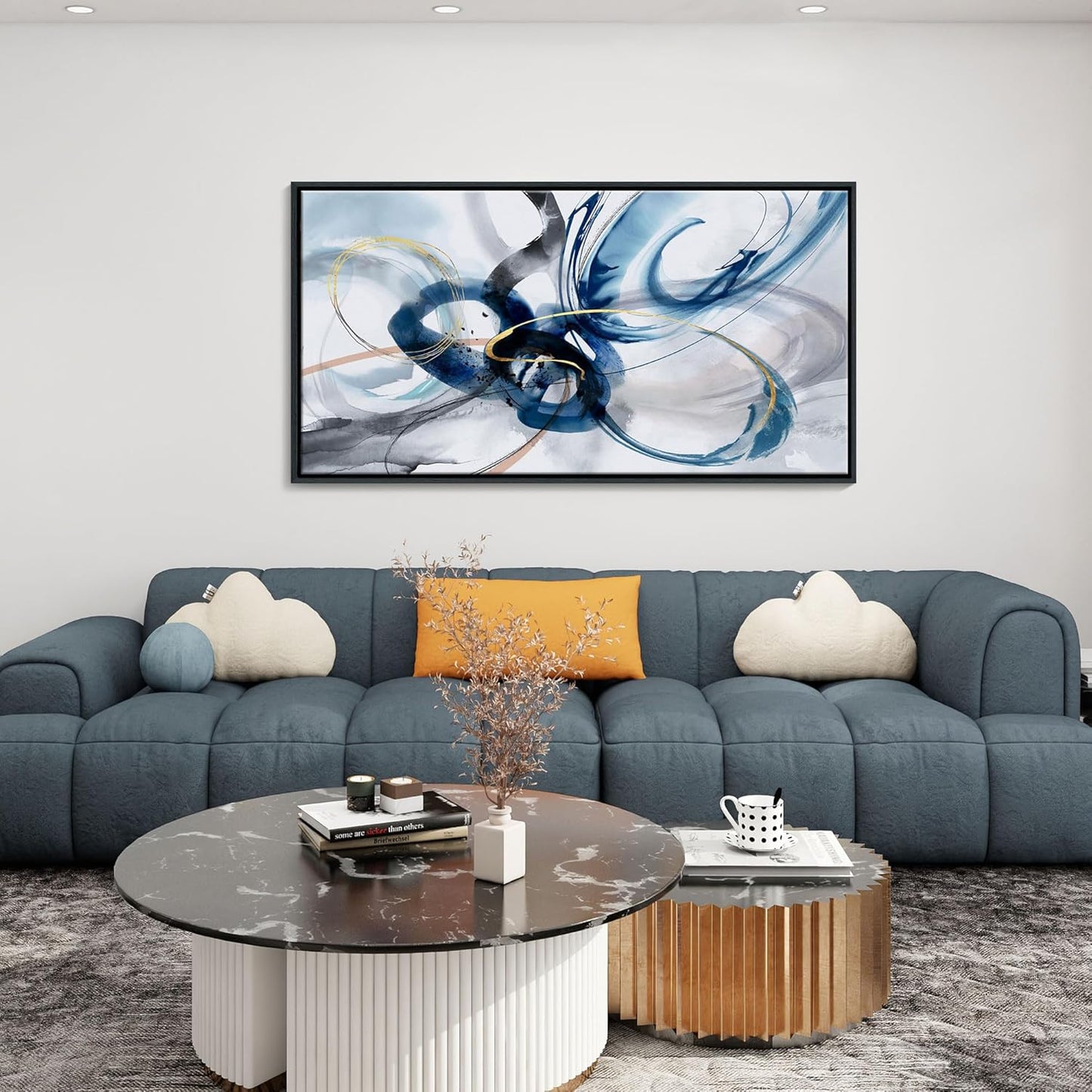 KLAKLA Modern Abstract Canvas Wall Art - Frame Wall Decor Living Room Picture Artwork for Office Bedroom Blue and White Decorative Paintings