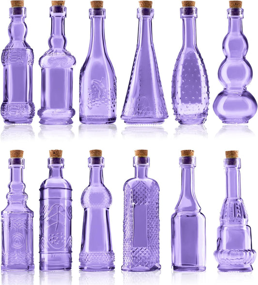 Small Mini Purple Vintage Glass Bottles with Corks, Mini Vases, Decorative Glass Bottle, Potion Bottles, Assorted Design Set of 12 pcs, 4.6 Inch Tall (11.43cm), 1.4 Inch Wide (3.56cm)
