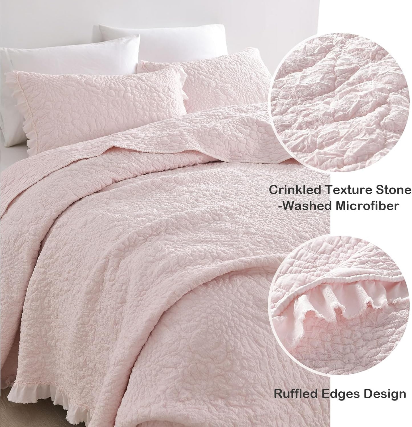 HORIMOTE HOME Pink Ruffled Quilt King Size, Stone-Washed Microfiber Lightweight Crinkled Farmhouse Rustic Shabby Chic Bedding Set, 3 Pieces Reversible Bedspread with Pillow Shams for All Season